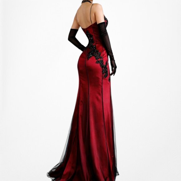 Vintage Y2K Burgundy Red Floral Beaded Embroidered Mesh Bodycon Maxi Prom Dress - Picture 3 of 9
